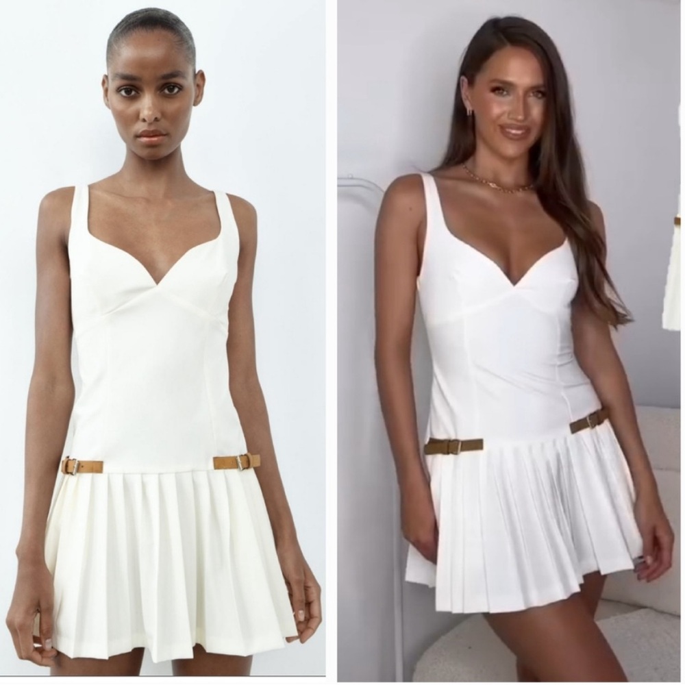 NEW ZARA ZW COLLECTION IVORY OYSTER WHITE PLEATED MINI DRESS WITH BUCKLE DETAIL